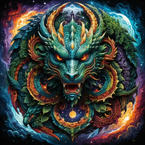 dragon of earth,painted dragon,dragon,garuda,wyrm,basilisk,shamanic,dragon fire,poseidon,dragon design,pachamama,zodiac,shamanism,gorgon,green dragon,trioceros,zodiac sign leo,black dragon,shaman,chinese dragon,Illustration,Realistic Fantasy,Realistic Fantasy 25