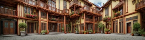 townhouses,hanging houses,courtyard,hotel de cluny,mainau,wooden facade,inside courtyard,casa fuster hotel,wooden houses,3d rendering,half-timbered,half-timbered houses,honfleur,freiburg,art nouveau design,wooden windows,art nouveau,an apartment,bendemeer estates,speicherstadt