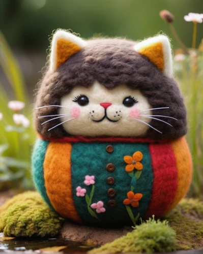 chinese pastoral cat,flower cat,kokeshi,kokeshi doll,doll cat,felted,blossom kitten,felted easter,cute cat,cat toy,cat kawaii,pompom,japanese kawaii,knuffig,cartoon cat,japanese garden ornament,plush figure,cute cartoon character,lucky cat,pom-pom,Unique,3D,Toy