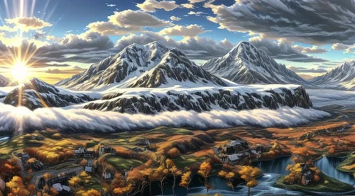 autumn mountains,mountain scene,mountain world,fantasy landscape,mountain landscape,high alps,high mountains,mountains,giant mountains,mountainous landscape,the landscape of the mountains,mountain sunrise,the alps,landscape mountains alps,landscape background,the spirit of the mountains,the beauty of the mountains,cloud mountain,world digital painting,mountain range