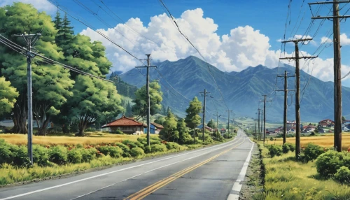 studio ghibli,mountain road,japan landscape,darjeeling,japanese alps,landscape background,valley,rural landscape,road,country road,japanese mountains,roadside,mountain scene,mountain highway,mountain valley,alpine drive,mountains,honolulu,the road,hokkaido,Photography,General,Realistic