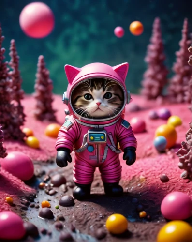 pink cat,the pink panter,spacesuit,alien planet,doll cat,lost in space,mission to mars,space suit,cinema 4d,bonbon,space-suit,spaceman,3d background,cat warrior,cartoon cat,planet mars,toy photos,aquanaut,martian,extraterrestrial life