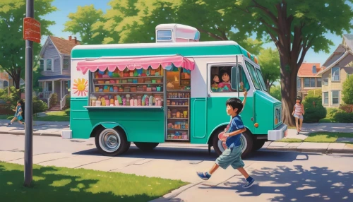 ice cream van,ice cream stand,ice cream cart,ice cream shop,food truck,woman with ice-cream,donut illustration,kids illustration,mail truck,newspaper box,ice cream,bus stop,ice-cream,ice creams,vwbus,delivery truck,summer day,book store,battery food truck,icecream,Illustration,Realistic Fantasy,Realistic Fantasy 08