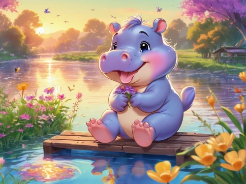 hippopotamus,hippo,cute cartoon character,piglet,children's background,flower animal,cute cartoon image,rhinoceros,dumbo,whimsical animals,springtime background,chowder,spring unicorn,disney character,kawaii pig,spring background,strohbär,lilo,blue elephant,peter rabbit,Illustration,Japanese style,Japanese Style 02