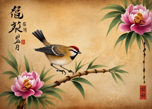 flower and bird illustration,oriental painting,bird painting,bird flower,chinese art,japanese art,asian bird,bird illustration,flower painting,japanese floral background,song bird,decoration bird,bird on branch,spring bird,ornamental bird,eastern crowned crane,floral and bird frame,spring greeting,birds on branch,woodpecker finch,Conceptual Art,Oil color,Oil Color 22