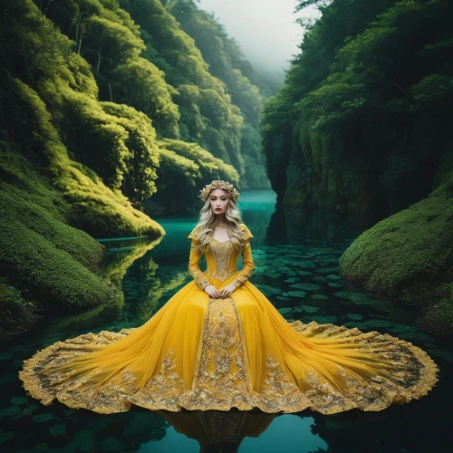 the blonde in the river,fantasy picture,cinderella,aurora yellow,a fairy tale,fairy tale,fairy peacock,fantasia,ballerina in the woods,water nymph,rusalka,fairy tale character,rapunzel,fairy world,fairytale,girl on the river,yellow garden,fantasy portrait,girl in a long dress,fairytales,Photography,Artistic Photography,Artistic Photography 12