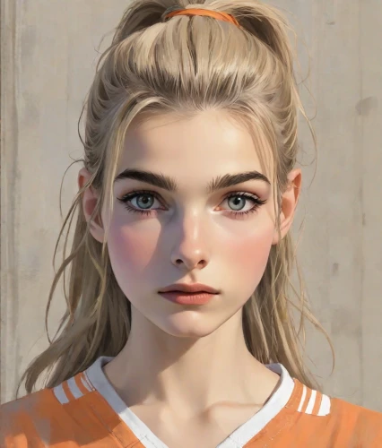 clementine,girl portrait,natural cosmetic,cinnamon girl,portrait of a girl,rust-orange,orange,piper,sports girl,vector girl,vanessa (butterfly),portrait background,game character,doll's facial features,orange color,realistic,pupils,pc game,blonde girl,soccer player,Digital Art,Comic