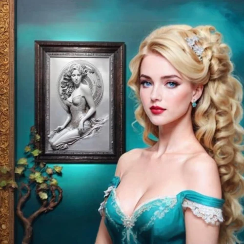 elsa,emile vernon,doll looking in mirror,cinderella,fantasy portrait,fantasy art,painter doll,blonde girl with christmas gift,art painting,blonde woman,victorian lady,romantic portrait,artist doll,celtic woman,porcelain dolls,rococo,mermaid background,fantasy woman,jasmine blue,pin-up girl