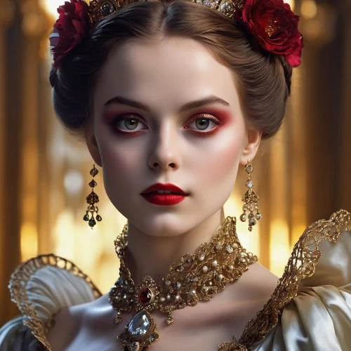 victorian lady,vampire lady,gothic portrait,queen of hearts,vampire woman,the carnival of venice,victorian style,vintage makeup,fantasy portrait,romantic portrait,vampire,the victorian era,gold jewelry,lady of the night,bridal jewelry,porcelain doll,snow white,jeweled,gothic fashion,elizabeth i,Photography,General,Realistic