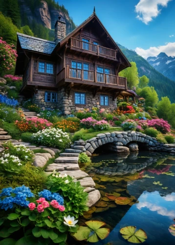 house in mountains,home landscape,house in the mountains,house with lake,alpine village,fantasy landscape,summer cottage,landscape background,house by the water,beautiful landscape,mountain village,japan landscape,beautiful home,fantasy picture,world digital painting,mountain settlement,nature landscape,splendor of flowers,idyllic,cottage,Photography,General,Fantasy