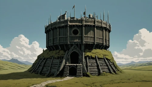 watchtower,peter-pavel's fortress,summit castle,round hut,knight's castle,watertower,round house,dovecote,castle of the corvin,blockhouse,castel,water tower,fortress,stone tower,russian pyramid,citadel,tower of babel,witch's house,lookout tower,pigeon house,Illustration,Japanese style,Japanese Style 08
