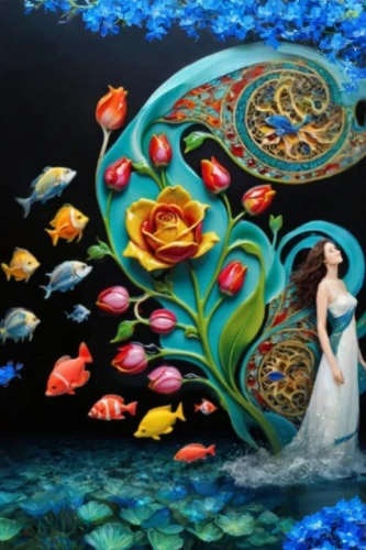 fantasy art,ulysses butterfly,ornamental fish,mermaid background,fantasy picture,mother earth,the sea maid,fractals art,oil painting on canvas,surrealism,the zodiac sign pisces,fishes,under the sea,art painting,secret garden of venus,believe in mermaids,mother nature,dreams catcher,ocean pollution,psychedelic art