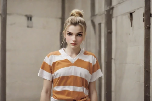 prisoner,burglary,olallieberry,isolated t-shirt,blonde woman,prison,blond girl,girl in t-shirt,tee,long-sleeved t-shirt,tshirt,havana brown,horizontal stripes,blonde girl,women fashion,wooden mannequin,women clothes,liberty cotton,lycia,handcuffed,Photography,Natural