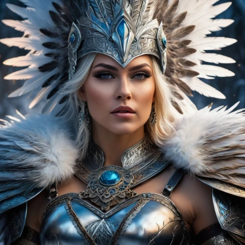 female warrior,warrior woman,ice queen,feather headdress,fantasy woman,headdress,goddess of justice,fantasy warrior,heroic fantasy,the snow queen,sorceress,headpiece,fantasy portrait,blue enchantress,the hat of the woman,norse,indian headdress,samara,head woman,artemisia,Photography,General,Fantasy