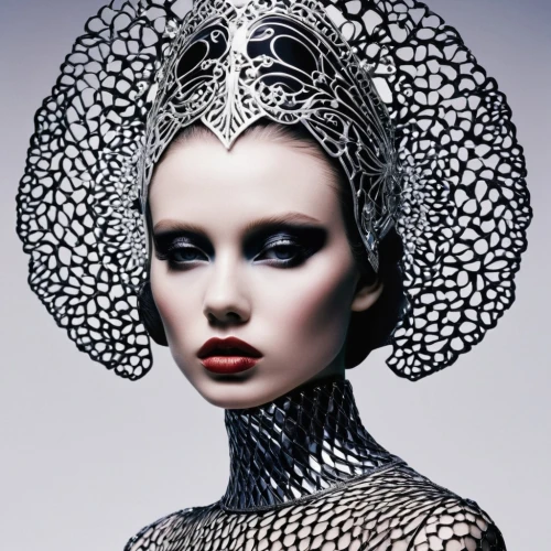 headdress,headpiece,the hat of the woman,fashion illustration,drusy,gothic fashion,filigree,beautiful bonnet,white fur hat,embellished,woman's hat,suit of the snow maiden,the hat-female,imperial crown,black hat,haute couture,the snow queen,silver lacquer,jeweled,feather headdress,Photography,Fashion Photography,Fashion Photography 05