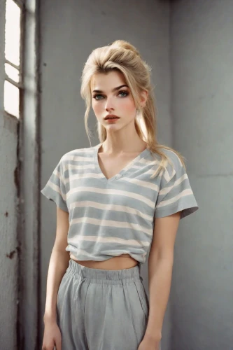 cotton top,dahlia white-green,tee,liberty cotton,in a shirt,crop top,linnet,grey background,blonde woman,marina,pixie-bob,model,retro woman,cool blonde,photo session in torn clothes,see-through clothing,lira,dahlia,lis,tori,Photography,Natural