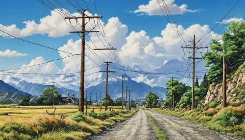 telephone poles,powerlines,rural landscape,power line,power lines,overhead power line,electricity pylons,electric cable,mountain road,power pole,landscape background,telephone pole,electrical lines,alpine drive,japan landscape,electrical wires,country road,mountain valley,cables,high landscape,Photography,General,Realistic