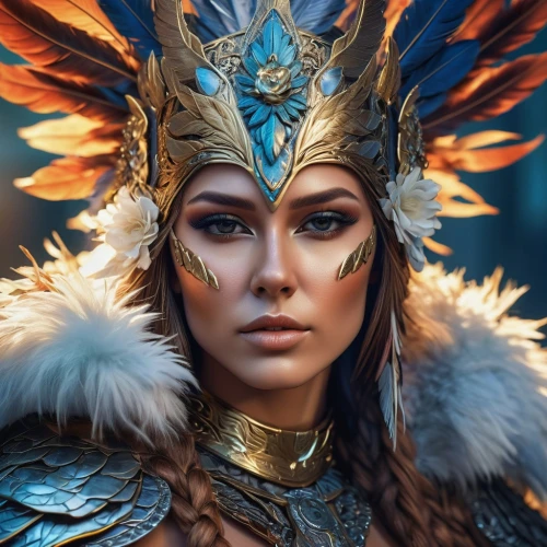 fantasy portrait,feather headdress,cleopatra,warrior woman,headdress,fantasy art,kokoshnik,fantasy woman,female warrior,artemisia,garuda,indian headdress,ice queen,headpiece,fantasy picture,shaman,athena,shamanic,pocahontas,archangel,Photography,Artistic Photography,Artistic Photography 08