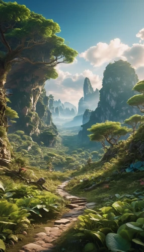 fantasy landscape,cartoon video game background,karst landscape,meteora,an island far away landscape,elven forest,mushroom landscape,landscape background,green valley,virtual landscape,mountainous landscape,druid grove,forest landscape,full hd wallpaper,the mystical path,terraforming,northrend,green forest,the natural scenery,mountain landscape,Photography,General,Realistic