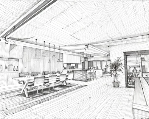 veranda,aqua studio,conference room,archidaily,school design,office line art,wood deck,offices,meeting room,working space,taproom,3d rendering,wooden beams,cafeteria,canteen,loft,modern office,lobby,the coffee shop,leisure facility,Design Sketch,Design Sketch,Hand-drawn Line Art