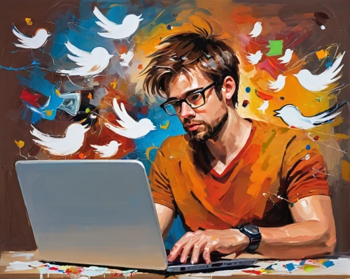 man with a computer,blogger icon,twitter logo,social media icon,the community manager,social media addiction,world digital painting,twitter pattern,tweeting,flat blogger icon,tweets,wpap,linkedin icon,content writers,computer addiction,twitter,social media following,illustrator,community manager,twitch icon,Conceptual Art,Oil color,Oil Color 20