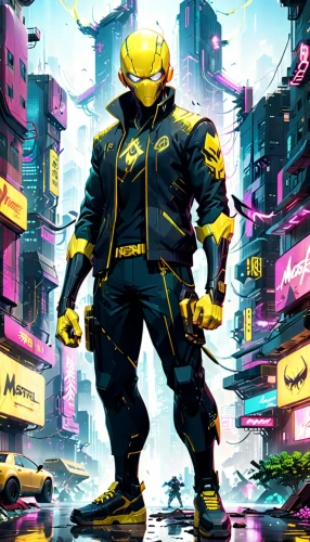 cyberpunk,yellow jacket,electro,kryptarum-the bumble bee,bumblebee,yang,yellow and black,dewalt,heath-the bumble bee,stud yellow,game illustration,cyber,renegade,aquanaut,yellow background,wolverine,cybernetics,bumble bee,cartoon ninja,ninjago,Anime,Anime,General