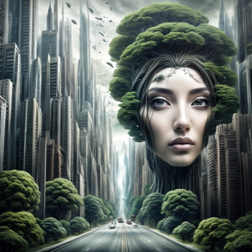 dryad,girl with tree,sci fiction illustration,photo manipulation,world digital painting,mother earth,mother nature,image manipulation,surrealistic,photomanipulation,tree thoughtless,fantasy art,green forest,surrealism,fantasy picture,rooted,photoshop manipulation,gaia,digital compositing,of trees