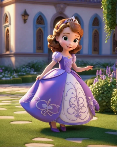 princess sofia,princess anna,rapunzel,tiana,cinderella,a girl in a dress,agnes,cute cartoon character,ball gown,a princess,tangled,disney character,elsa,precious lilac,little princess,princess,rosa ' the fairy,la violetta,fairy tale character,rosa 'the fairy,Unique,3D,3D Character