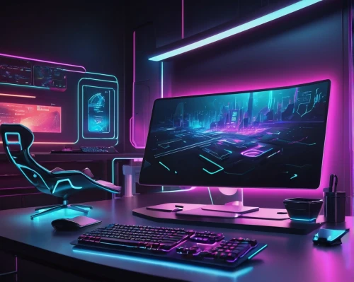 computer desk,desk,computer workstation,computer room,purple wallpaper,aesthetic,3d background,pink vector,desk top,working space,desktop,desktop computer,neon,monitor wall,80's design,cyberpunk,pc,workstation,blur office background,setup,Illustration,Japanese style,Japanese Style 06