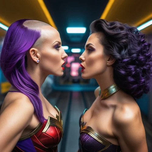 birds of prey,girl kiss,latex clothing,hairdresser,digital compositing,makeup artist,face to face,airbrushed,wonder woman city,latex,passengers,beauty icons,girl talk,gold and purple,fantasy woman,hairstylist,birds of prey-night,forbidden love,conceptual photography,wax figures,Photography,General,Sci-Fi