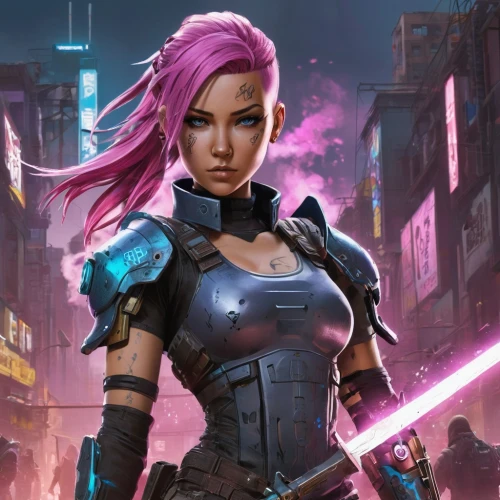 cg artwork,female warrior,huntress,pink quill,cyberpunk,massively multiplayer online role-playing game,swordswoman,purple wallpaper,symetra,magenta,purple and pink,game art,nora,mercenary,sci fiction illustration,pink background,game illustration,rosa ' amber cover,renegade,katana,Illustration,Realistic Fantasy,Realistic Fantasy 20