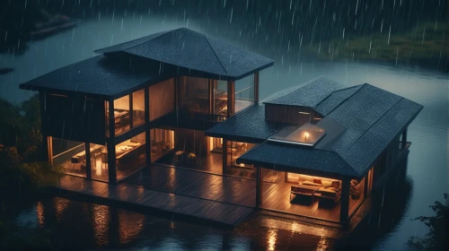 house with lake,house by the water,floating huts,wooden house,boathouse,wooden sauna,summer cottage,houseboat,small cabin,boat house,rainy,log home,lonely house,the cabin in the mountains,pool house,cottage,rainy day,beautiful home,miniature house,house in the forest,Photography,General,Cinematic