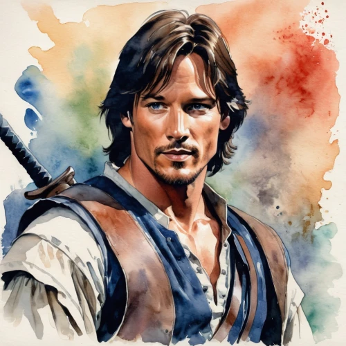 robin hood,cg artwork,athos,musketeer,watercolor,lando,bodhi,solo,vector art,leonardo,watercolor painting,vector illustration,watercolor paint,artus,watercolour,photo painting,watercolor background,pirate,fantasy portrait,italian painter,Illustration,Paper based,Paper Based 25