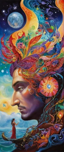 psychedelic art,shamanism,astral traveler,pachamama,consciousness,shamanic,mantra om,woman thinking,inner space,global oneness,imagination,oil painting on canvas,the mystical path,mother earth,mind-body,surrealism,the universe,flow of time,mysticism,spirituality,Illustration,Realistic Fantasy,Realistic Fantasy 37