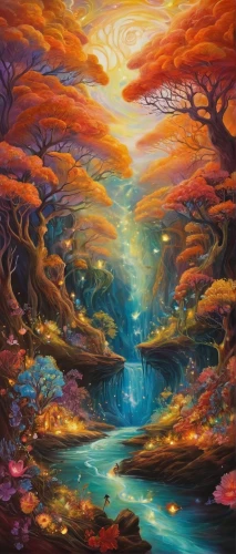 mushroom landscape,fantasy landscape,colorful tree of life,fantasy picture,oil painting on canvas,autumn landscape,lava river,forest landscape,fairy world,fantasy art,fantasia,oil on canvas,forest of dreams,fairy forest,nature landscape,underwater landscape,landscape background,fall landscape,mantra om,oasis,Illustration,Realistic Fantasy,Realistic Fantasy 37