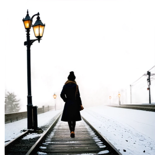 woman walking,girl walking away,the girl at the station,the snow falls,woman silhouette,winters,the cold season,winter mood,winter background,frozen tears on railway,to be alone,winter,in the winter,black coat,winterblueher,travel woman,lamplighter,overcoat,girl in a long,snowfall,Illustration,Black and White,Black and White 16
