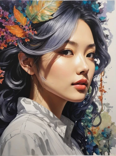 japanese woman,geisha,japanese art,geisha girl,chinese art,japanese floral background,flower painting,girl in flowers,artist color,asian woman,oriental girl,acerola,painting technique,mystical portrait of a girl,floral japanese,jasmine blossom,fantasy portrait,vietnamese woman,portrait background,digital painting,Illustration,Japanese style,Japanese Style 18