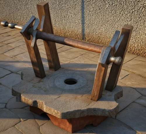 pommel horse,street furniture,mobile sundial,exercise equipment,outdoor bench,sun dial,water trough,wooden cable reel,sundial,potter's wheel,weightlifting machine,cattle trough,teeter-totter,astronomical object,outdoor play equipment,wind powered water pump,hunting seat,exercise machine,stone sink,water well,Photography,General,Realistic
