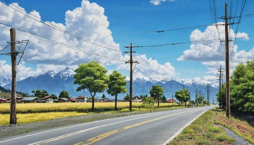 japan landscape,landscape background,rural landscape,powerlines,telephone poles,country road,mountain road,road,power lines,maple road,roadside,the road,alpine drive,japanese alps,power line,roads,salt meadow landscape,overhead power line,power pole,crossroad,Photography,General,Realistic