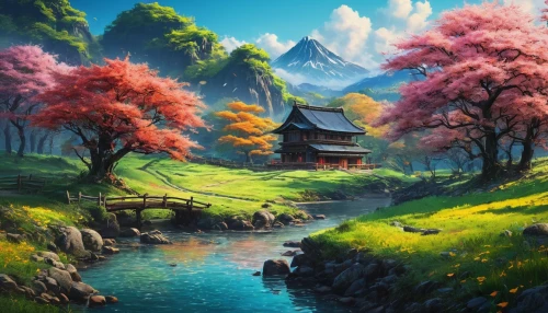 landscape background,fantasy landscape,japanese sakura background,japan landscape,mountain landscape,mountain scene,home landscape,sakura background,rural landscape,springtime background,beautiful landscape,nature landscape,spring background,forest landscape,meadow landscape,sakura trees,mountainous landscape,autumn landscape,sakura tree,mountain village,Photography,General,Fantasy