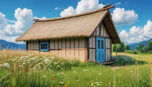 straw hut,little house,grass roof,small house,wooden hut,small cabin,summer cottage,wooden house,home landscape,miniature house,country cottage,farm hut,gable field,studio ghibli,meadow landscape,thatched cottage,garden shed,summer meadow,danish house,house painting,Photography,General,Realistic