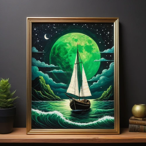 green sail black,sailboat,sailing boat,sailing-boat,moon and star background,sail boat,boat landscape,sea sailing ship,emerald sea,watermelon painting,hanging moon,sail ship,sailboats,sailing vessel,friendship sloop,sailing ship,sailing boats,green mermaid scale,sailing,beach moonflower,Illustration,Realistic Fantasy,Realistic Fantasy 07