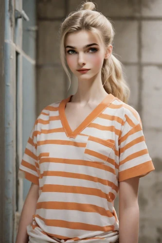 olallieberry,chainlink,polo shirt,cotton top,orange,liberty cotton,horizontal stripes,retro woman,tee,clementine,prisoner,in a shirt,teen,retro girl,harley quinn,barbie,orangina,striped background,piper,girl in t-shirt,Photography,Natural