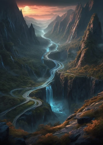 fantasy landscape,northrend,fantasy picture,valley of death,fallen giants valley,valley,fjord,mountain landscape,river landscape,landscape background,mountain spring,mountain stream,the valley of the,karst landscape,flowing creek,the valley of death,mountainous landscape,mountain valleys,futuristic landscape,mountain pass,Conceptual Art,Fantasy,Fantasy 34