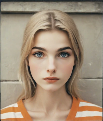 doll's facial features,heterochromia,clementine,girl portrait,portrait of a girl,women's eyes,natural cosmetic,mystical portrait of a girl,blond girl,woman face,young woman,blonde woman,blonde girl,vintage girl,the girl's face,realdoll,vintage makeup,pretty young woman,angelica,beauty face skin,Photography,Polaroid