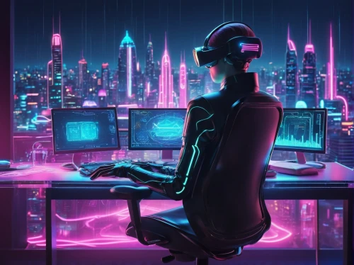 cyberpunk,cyber,cyberspace,neon human resources,man with a computer,night administrator,computer,cyber glasses,coder,cyber crime,girl at the computer,cybernetics,mute,computer freak,neon lights,electronic,neon light,freelancer,futuristic,sci fiction illustration,Conceptual Art,Sci-Fi,Sci-Fi 29
