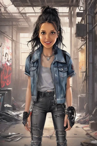 renegade,punk,katniss,girl with gun,girl with a gun,cg artwork,vector girl,pubg mascot,girl in overalls,terminator,main character,holding a gun,piper,portrait background,jeans background,lori,cute cartoon character,nora,sci fiction illustration,nico,Digital Art,Character Design