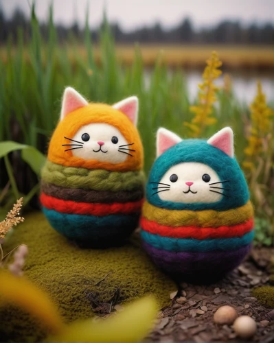 felted easter,colored eggs,grass family,cattails,plush figures,painted eggs,colorful eggs,felted,two cats,plush dolls,whimsical animals,cat toy,kawaii animals,plush toys,nesting dolls,felted and stitched,cattail,round kawaii animals,cat family,kittens,Unique,3D,Toy