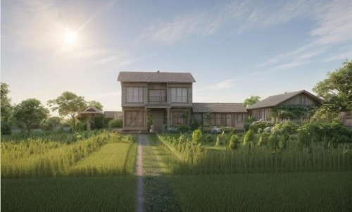 3d rendering,model house,garden elevation,timber house,hacienda,farmhouse,build by mirza golam pir,stilt house,new echota,new housing development,farmstead,frisian house,dunes house,summer cottage,render,the rice field,house drawing,eco-construction,wooden house,3d rendered,Landscape,Landscape design,Landscape space types,None