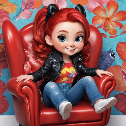 cute cartoon character,redhead doll,cute cartoon image,girl sitting,lilo,painter doll,ariel,artist doll,sitting on a chair,red-haired,kids illustration,female doll,redhair,collectible doll,queen of hearts,cartoon character,child is sitting,children's background,caricaturist,disney character,Illustration,Abstract Fantasy,Abstract Fantasy 13